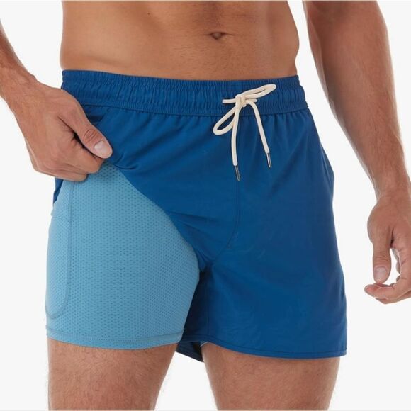 NWT Men's Lined Swim Trunks Pockets Teal Blue - Picture 1 of 6